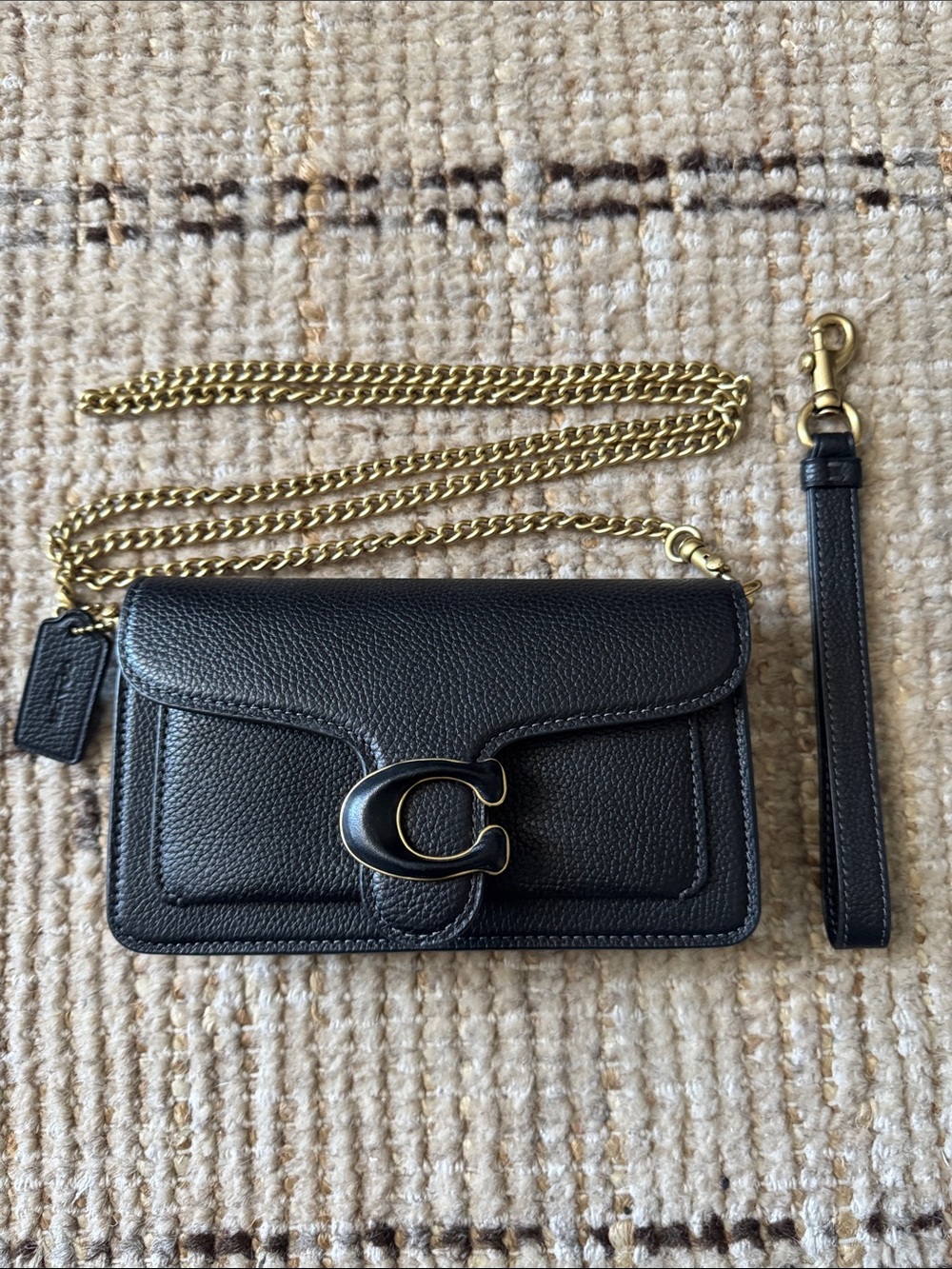 Coach Tabby Black Pebbled Leather Crossbody with Gold Chain and 'C' Accent